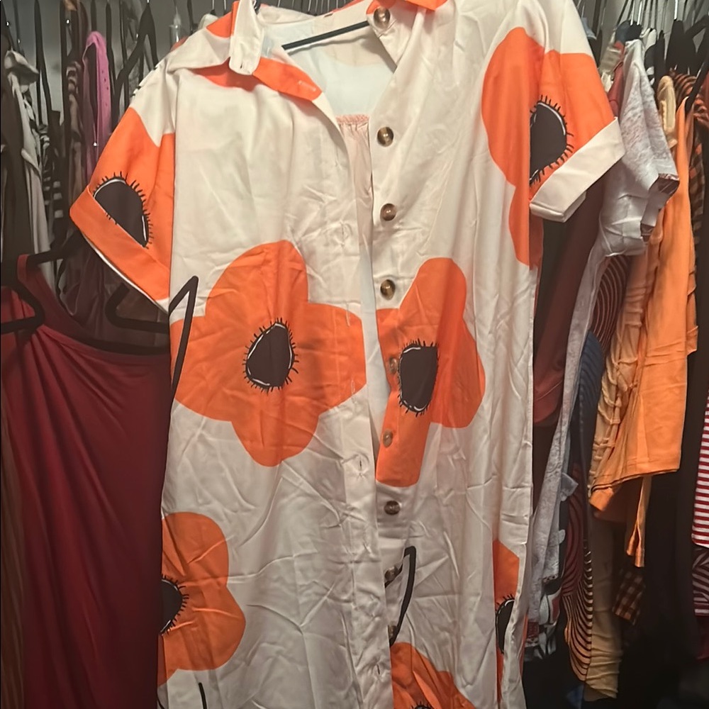 Floral Button-Down Dress - White and Orange